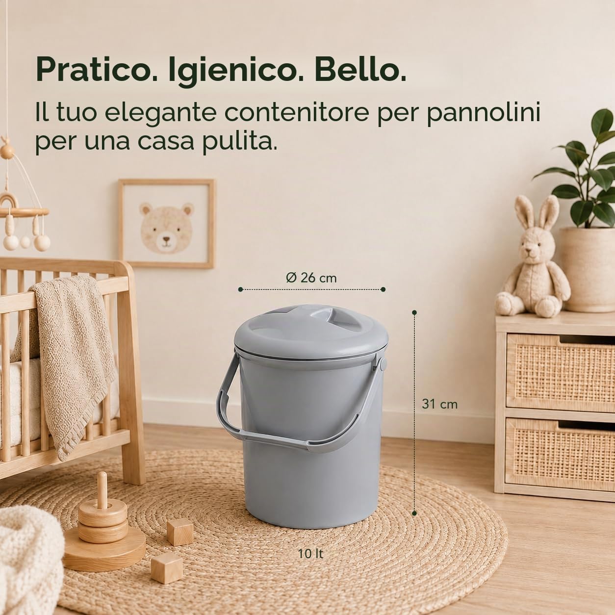 rotho-babydesign-top-cestino-per-pannolini-10-l-bella-bambina-stone-grey-26x26x3 image 7